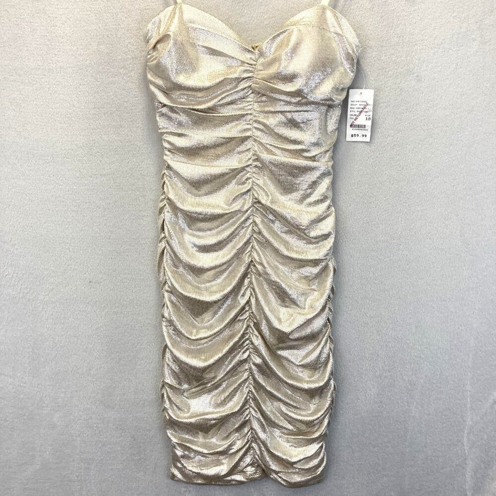 NWT Silver Metallic Bodycon Dress Womens‎ Size 9/10 Ruched Strapless Club Party
